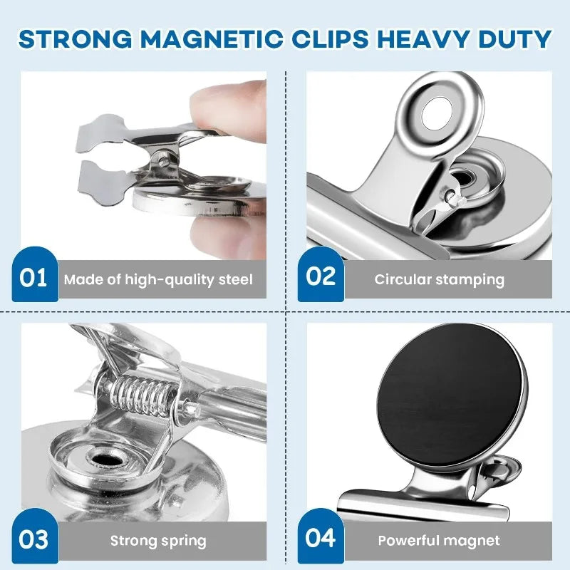 Four views of heavy duty magnetic clips showing the quality steel, circular stamping, strong spring, and powerful magnet.