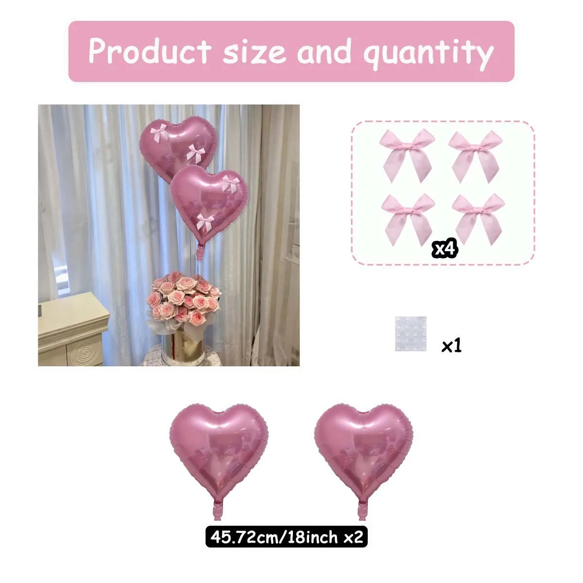 Pink heart-shaped foil balloons with ribbon bows shown in a product display.