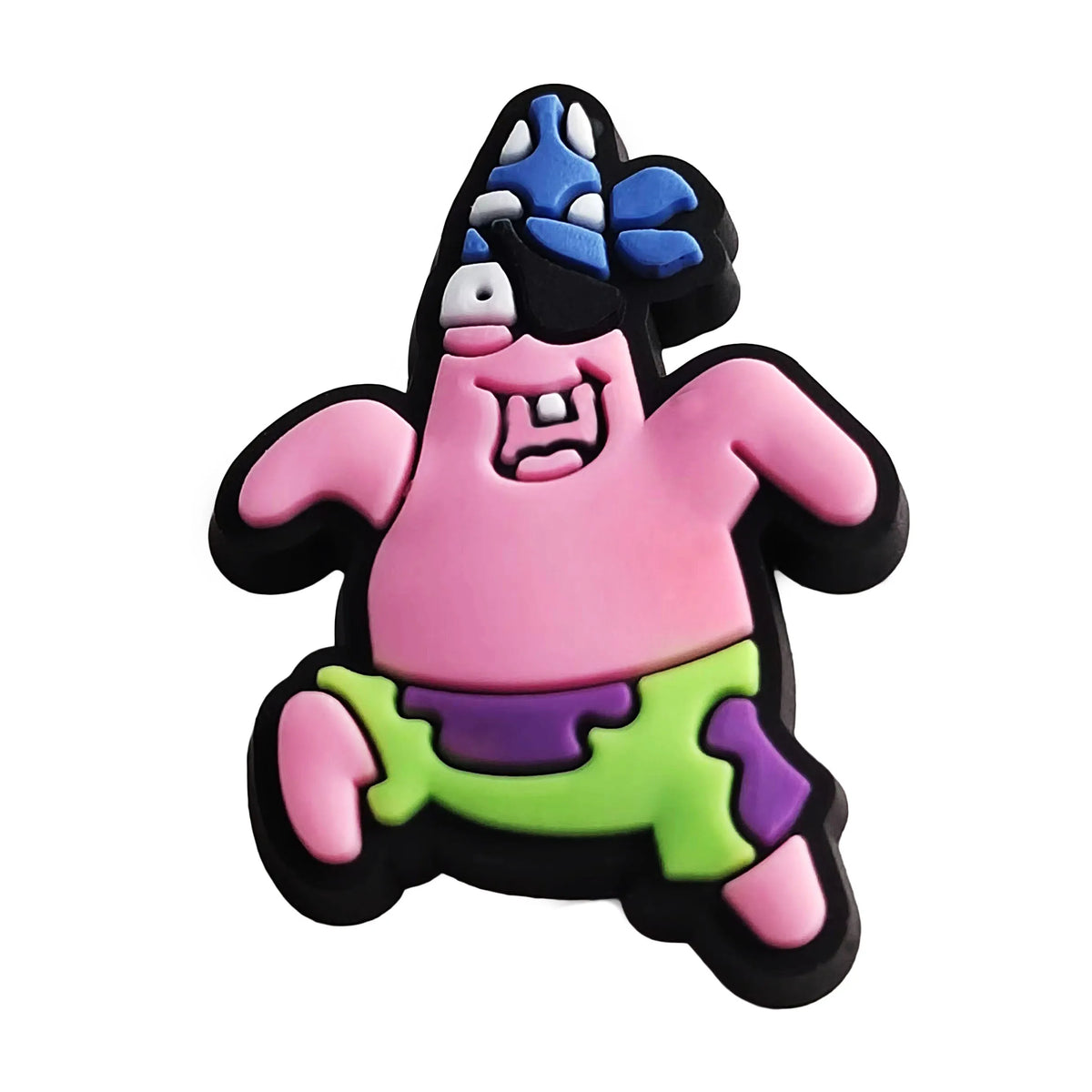 A plastic charm depicting SpongeBob SquarePants in a running pose with purple and green accents.