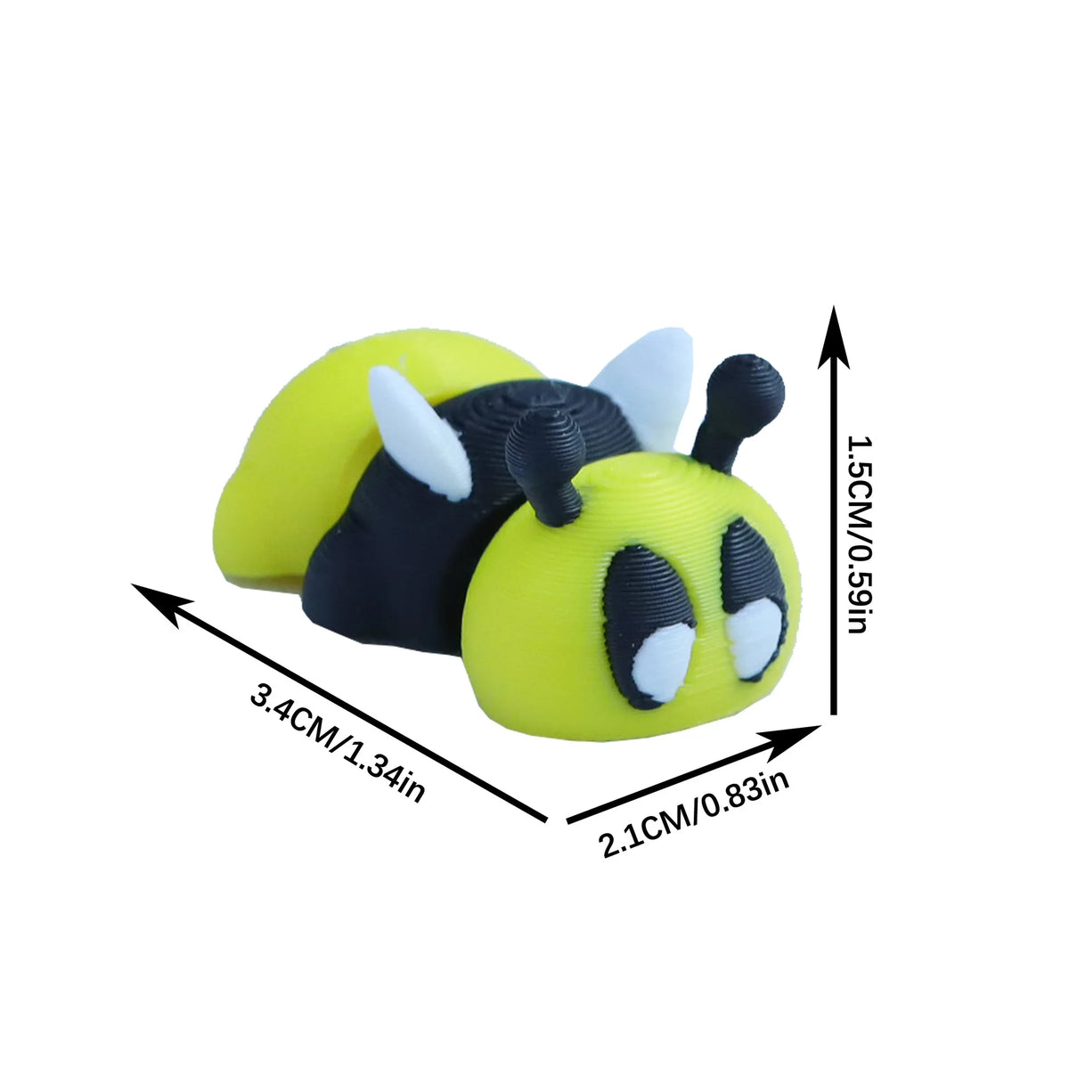 A yellow and black cartoon bee figurine with white accents, shown from the top view.