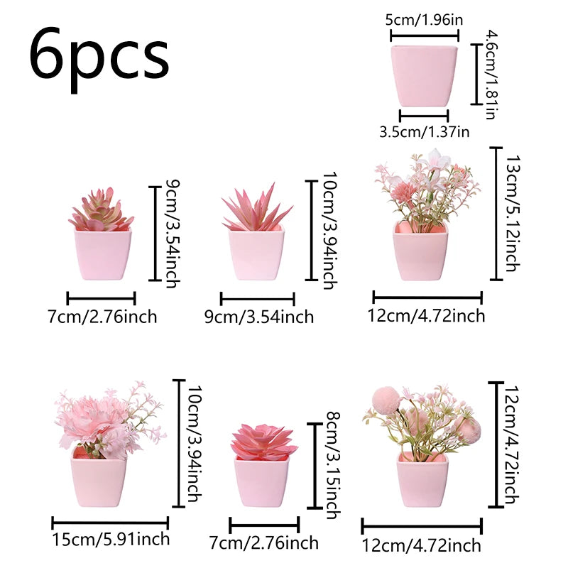 A set of six artificial pink potted plants in various sizes, including succulents and flowering branches.