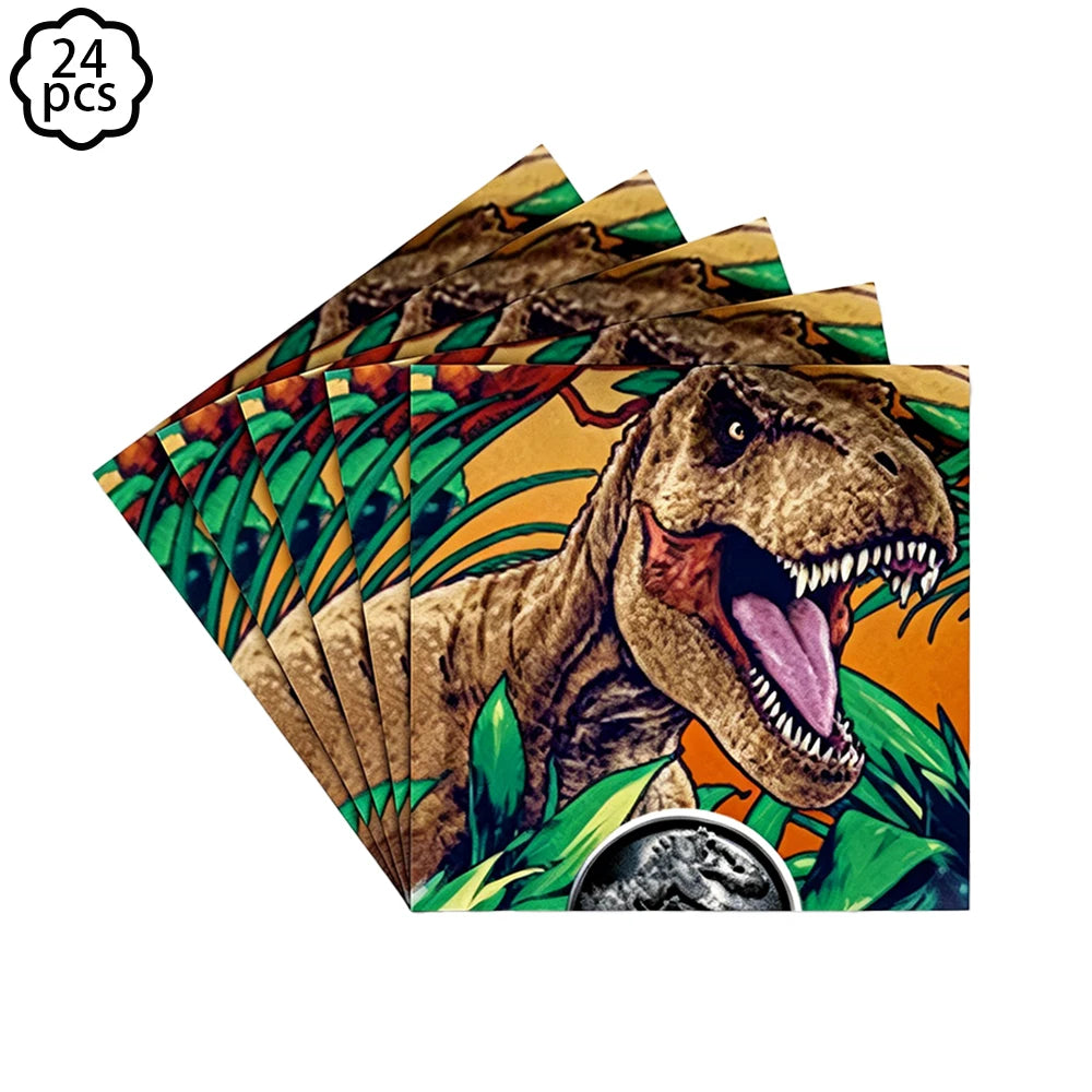 A set of dinosaur-themed paper banners featuring a realistic dinosaur head and tropical foliage for a birthday party decorati