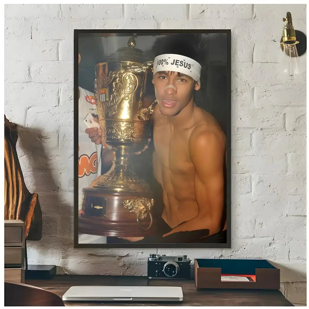 Wall art poster featuring a portrait of Neymar Jr wearing a headband and holding a golden trophy.