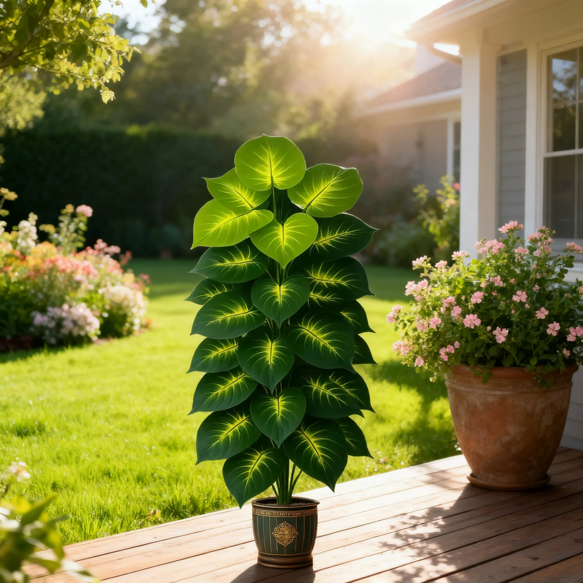 A vibrant green artificial palm tree with 24 leaves sits in a pot on a wooden deck.