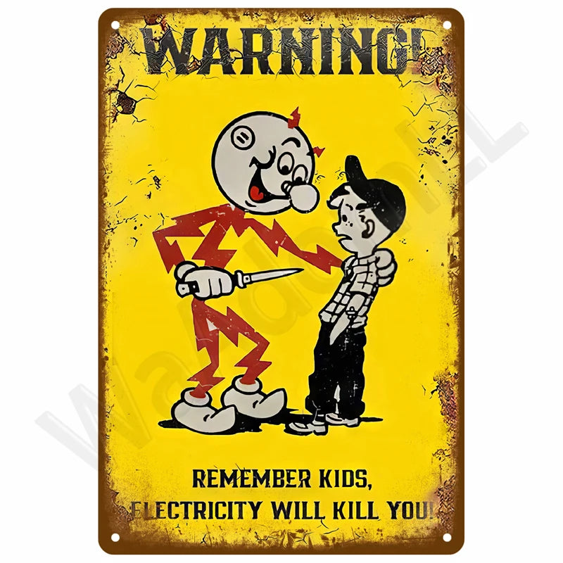 Vintage Metallwandschild mit gelbem Hintergrund und karikierter Figur, die vor Elektrizität warnt.