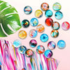 A collection of colorful, iridescent refrigerator magnets featuring abstract swirls and gradients.