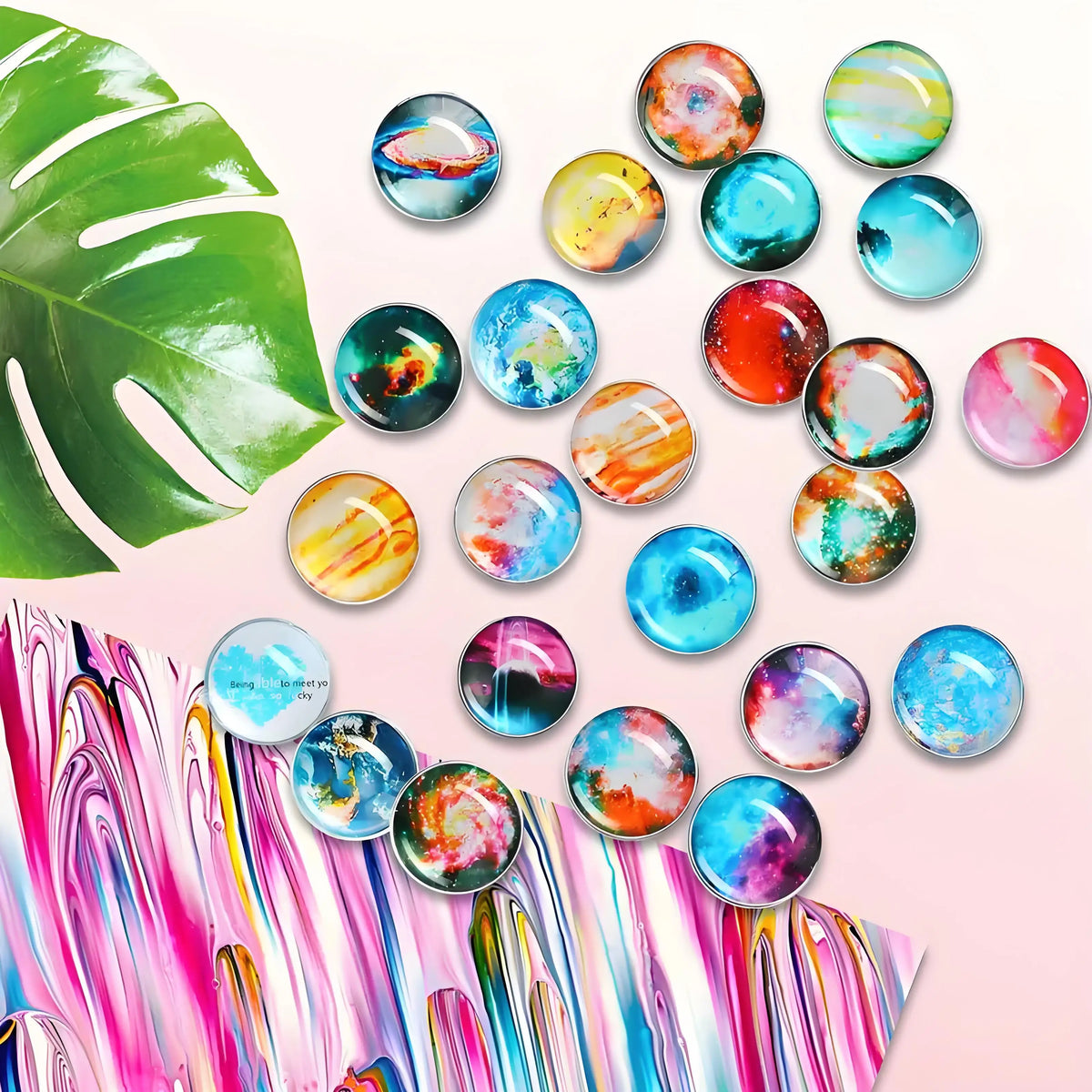 A collection of colorful, iridescent refrigerator magnets featuring abstract swirls and gradients.