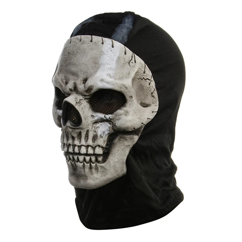 A realistic horror ghost skull latex mask in a weathered gray finish worn as a hood.