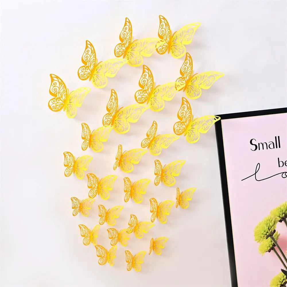 A set of yellow 3D hollow butterfly wall decals arranged in a decorative pattern.