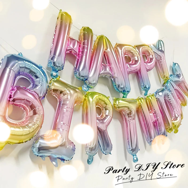 A set of thirteen rose gold foil letter balloons spelling out 'HAPPY' for a birthday party decoration.