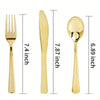 A set of gold disposable cutlery including forks, knives, and spoons shown with their respective lengths.
