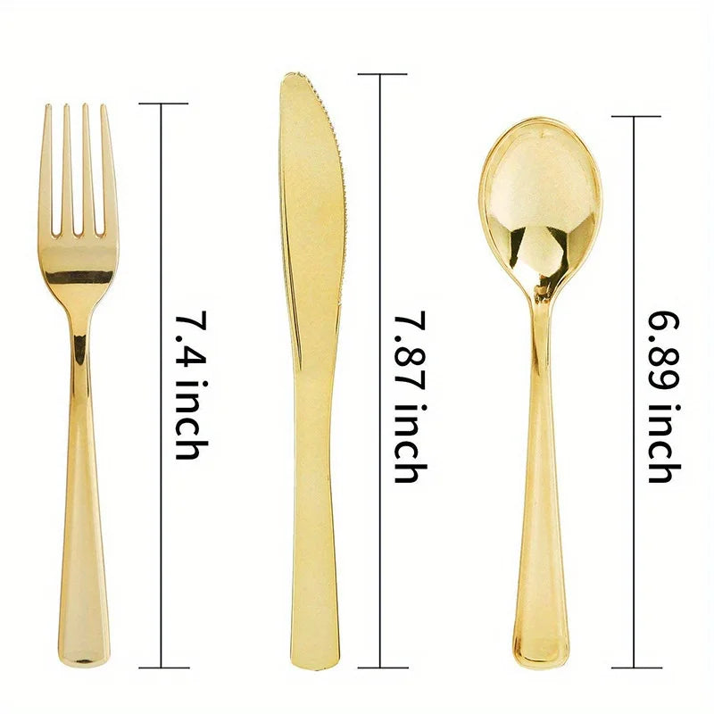 A set of gold disposable cutlery including forks, knives, and spoons shown with their respective lengths.