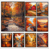 A collection of nine paintings depicting autumn landscapes, including forests, rivers, houses, and fields.