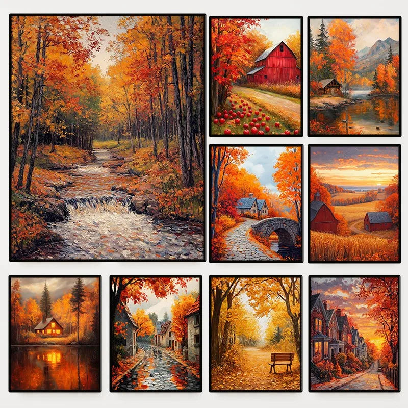 A collection of nine paintings depicting autumn landscapes, including forests, rivers, houses, and fields.