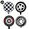 A set of four 40 inch race car number balloons in black and white checkered pattern for birthday party decorations