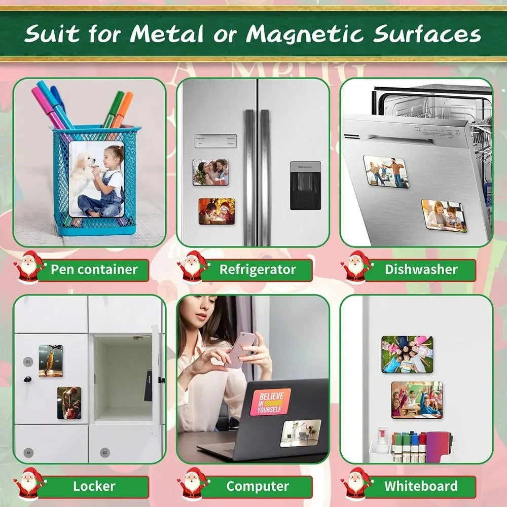 A set of blank sublimation magnets used for DIY fridge magnets, shown alongside various household items.