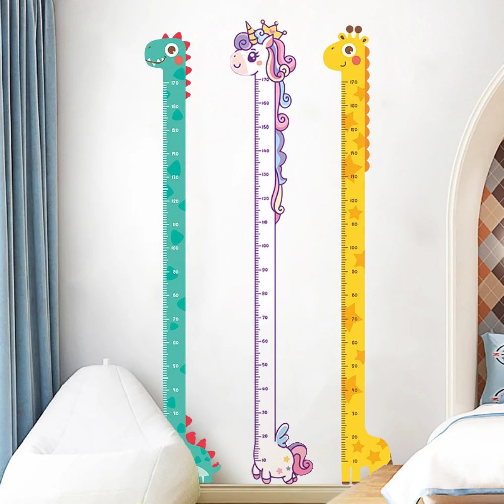 A vertical chart featuring a dinosaur, unicorn, and giraffe to measure height in a child's room.