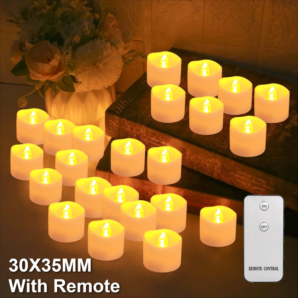 A set of 30x35mm flameless LED tea light candles with a remote control displayed on a wooden surface.