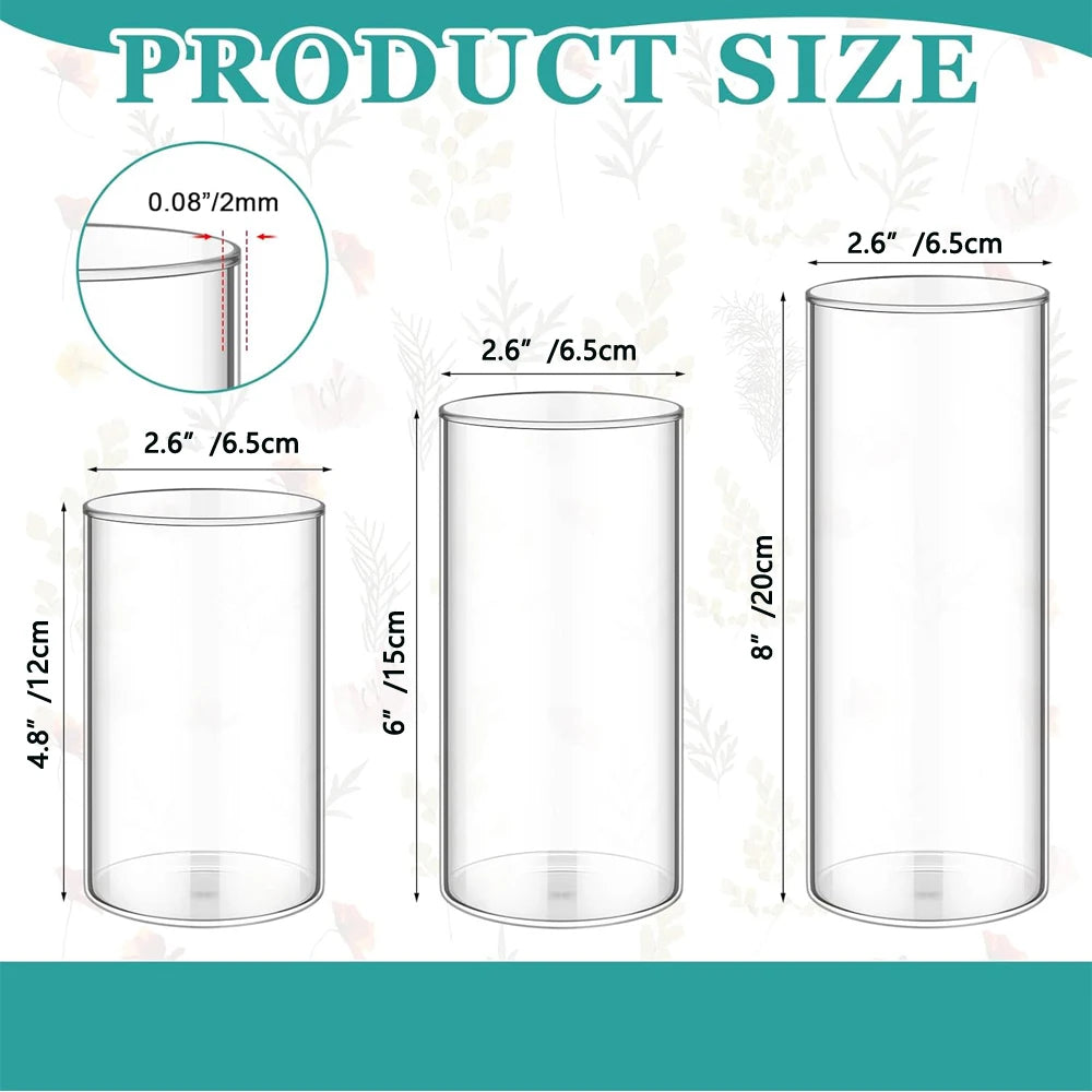 Diagram showing various sizes of clear glass cylinders, including 4.8 inches and 8 inches tall.