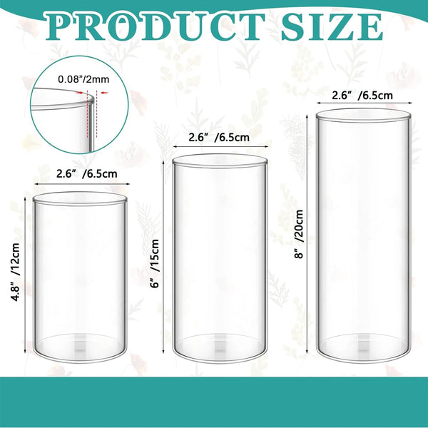Diagram showing various sizes of clear glass cylinders, including 4.8 inches and 8 inches tall.