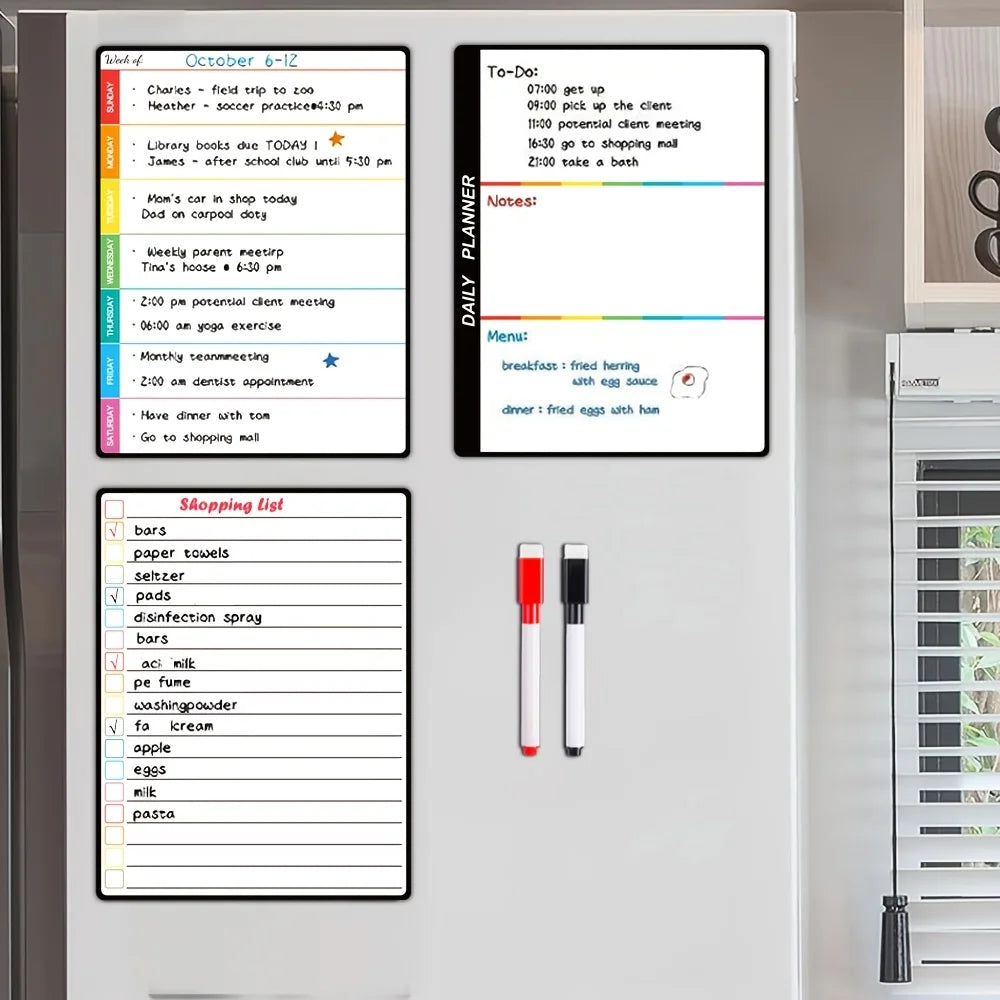 A white magnetic dry erase calendar set showing an October schedule, a to-do list, and a shopping list.
