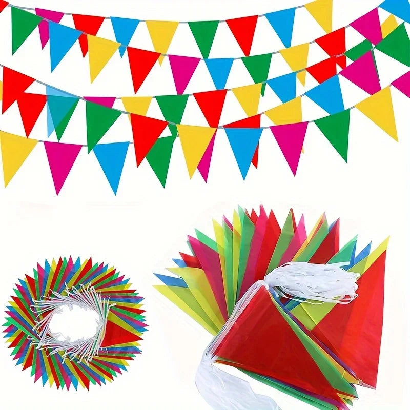 A colorful pennant banner flag decoration featuring triangles in red, green, yellow, and blue.