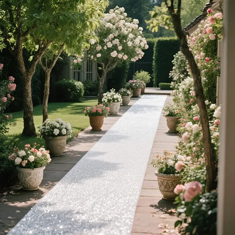 An elegant white sparkling aisle runner laid out on a wooden path bordered by lush greenery and pink flowers.