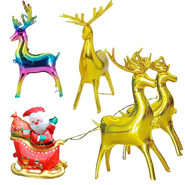 A set of 3D foil balloons featuring a Santa sleigh pulled by deer and elk figures.