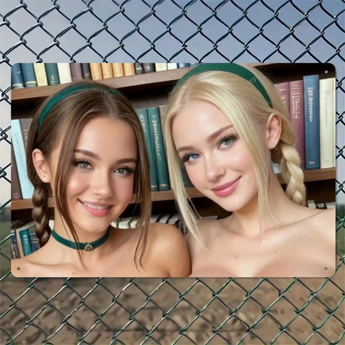 Deux jeunes femmes aux cheveux blonds portant des bandeaux verts, posant devant une bibliothèque.