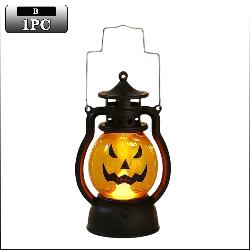 A black pumpkin lantern with an orange glow and a carved jack-o'-lantern face inside.