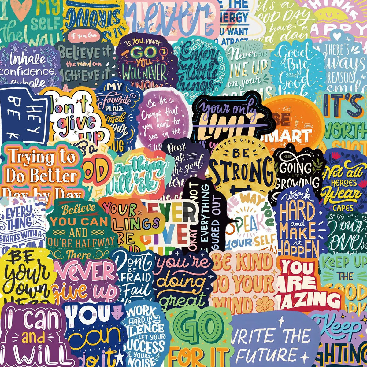 A colorful collection of inspirational quotes and affirmations on stickers.