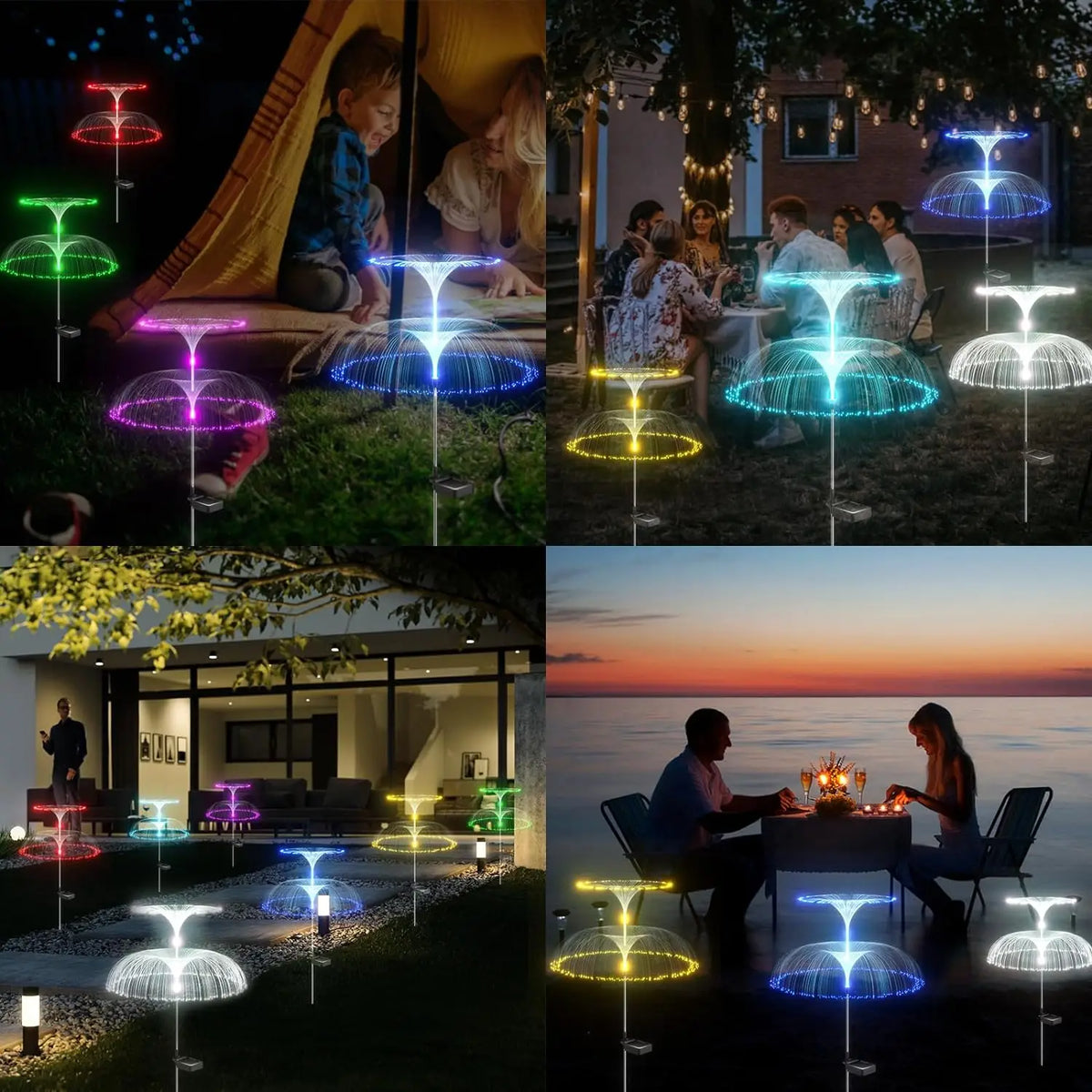 A collection of solar jellyfish garden lights in various colors illuminating a landscape at dusk.