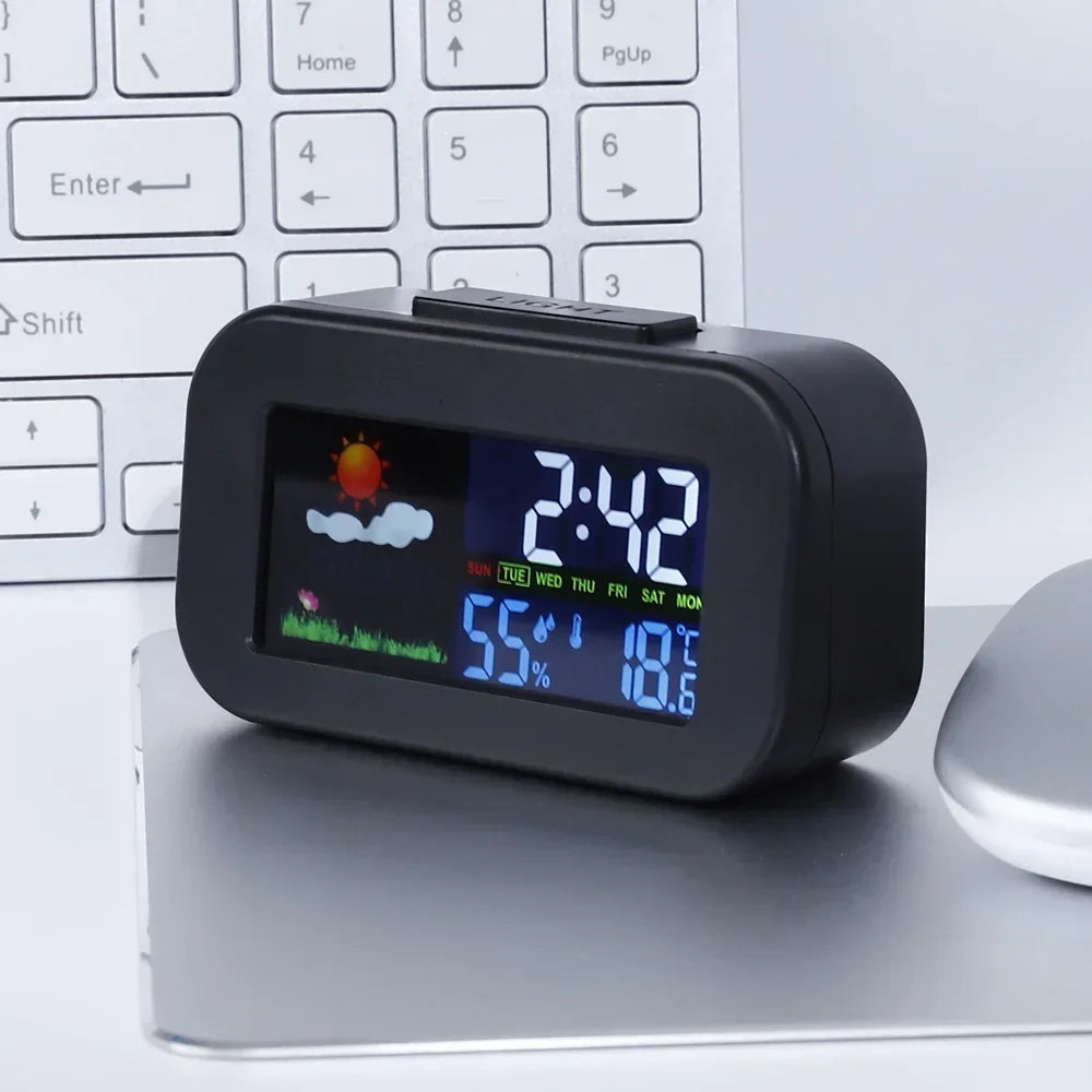 Compact Weather Station Clock with Color Display and Temperature & Humidity Monitor