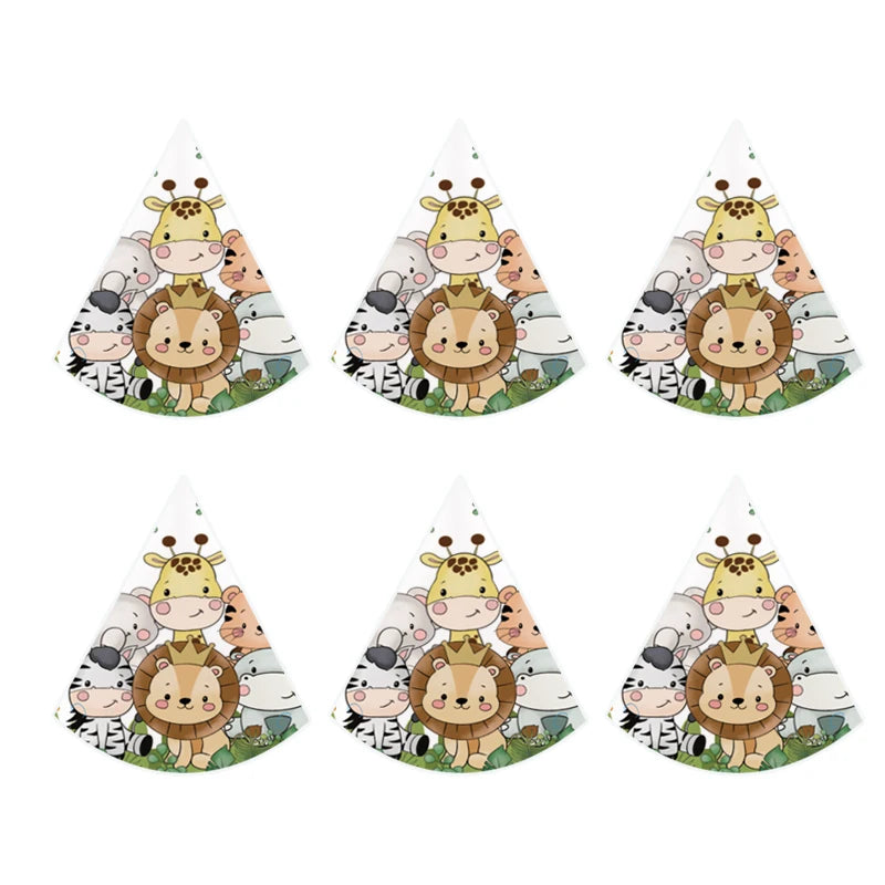A set of six cute cartoon animal faces featuring lions, elephants, and other jungle safari creatures for birthday decor.