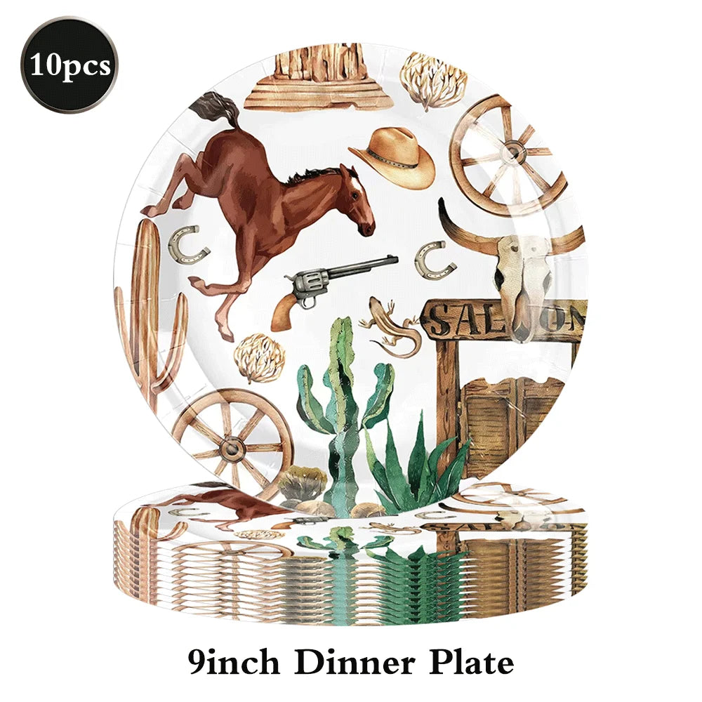 A set of 10 foil balloons featuring western themes like a horse, cactus, and saloon elements.