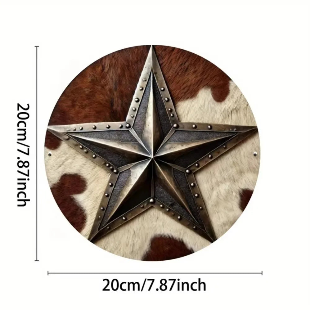 A vintage western cowboy star metal sign with a brown and white cow print background.