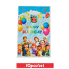 A colorful party supplies kit featuring balloons, decorations, and characters for a birthday celebration.