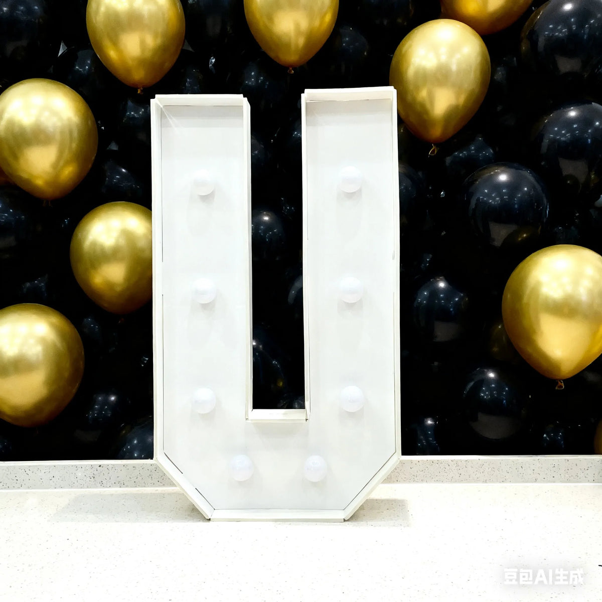A large white marquee light-up letter U is displayed against a dark background of gold and black balloons.