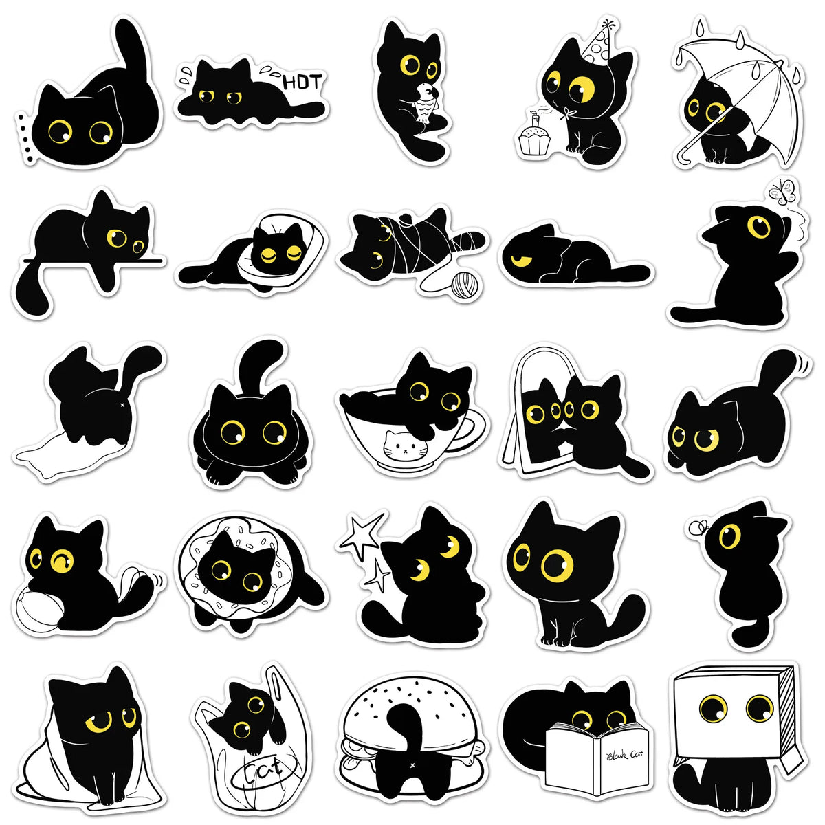 A collection of black cat stickers and decals featuring various poses and expressions.