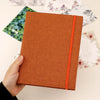 A hand holds an orange linen photo album with a thin orange spine, set against a background of floral papers.