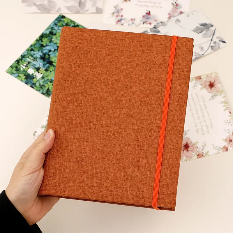 A hand holds an orange linen photo album with a thin orange spine, set against a background of floral papers.