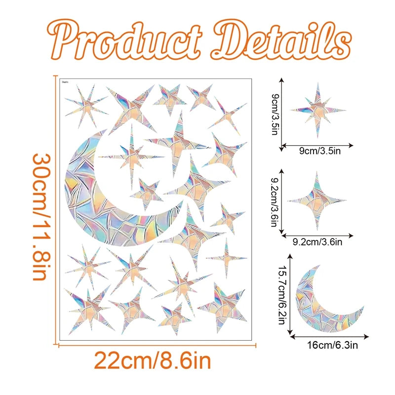 A sheet of window stickers featuring various star and crescent moon designs with rainbow colors.