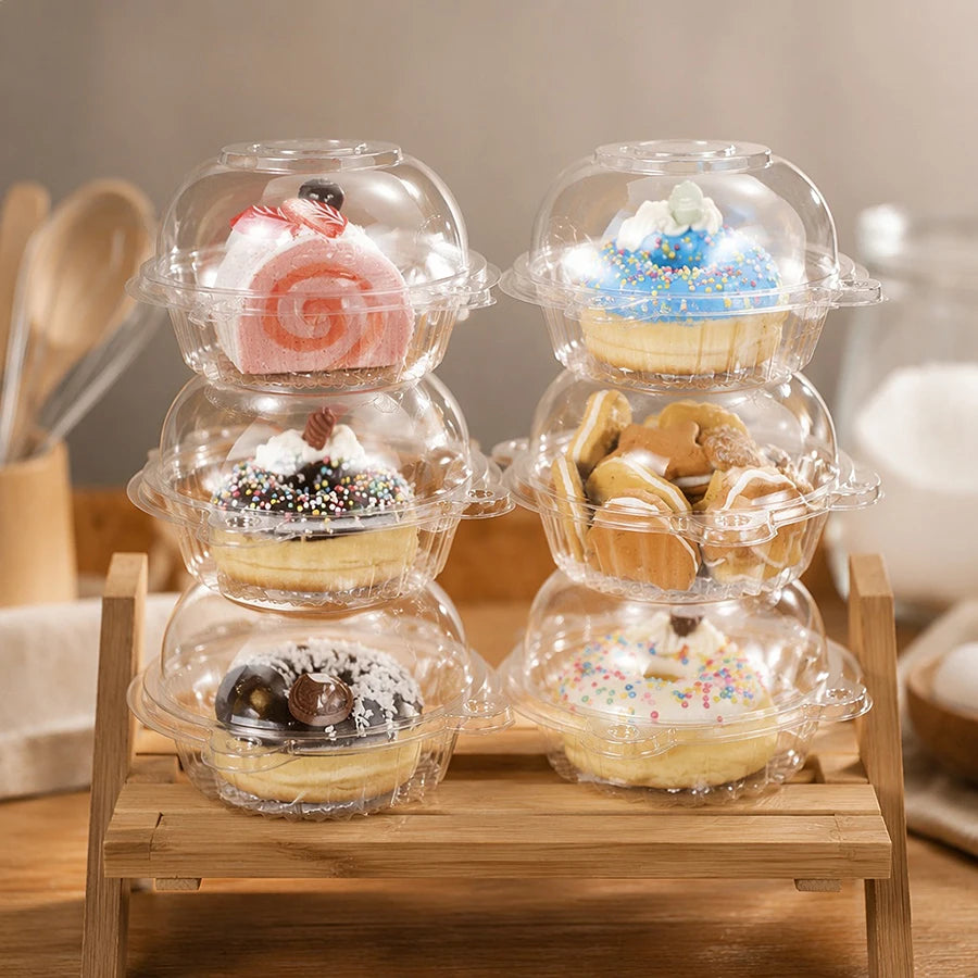 Clear plastic cupcake boxes filled with decorated cupcakes for parties and events
