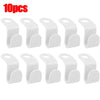 A set of 10 white space-saving hanger connector hooks for organizing and hanging items.