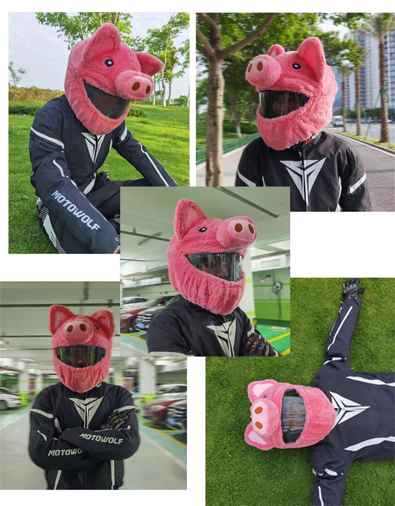 A person wearing a full-face motorcycle helmet covered with a pink cartoon plush helmet cover.
