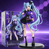 A detailed figure of a Gothic Lolita Miku action fairy doll with long light blue hair and black outfit displayed on a stand.