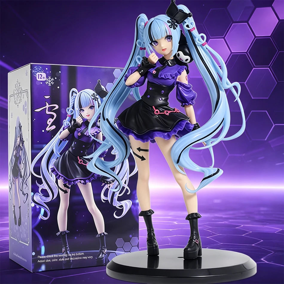 A detailed figure of a Gothic Lolita Miku action fairy doll with long light blue hair and black outfit displayed on a stand.