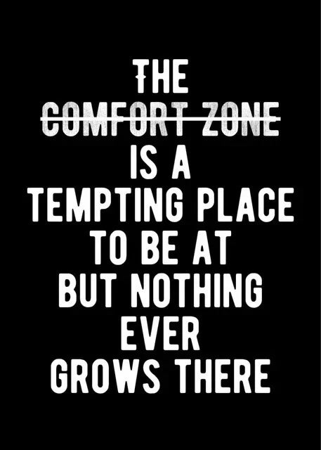 A black and white text quote that reads The comfort zone is a tempting place to be but nothing ever grows there
