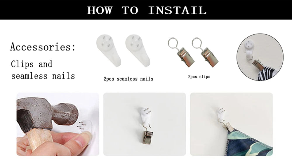 Accessories for a wall hanging including clips and seamless nails shown with the finished product.