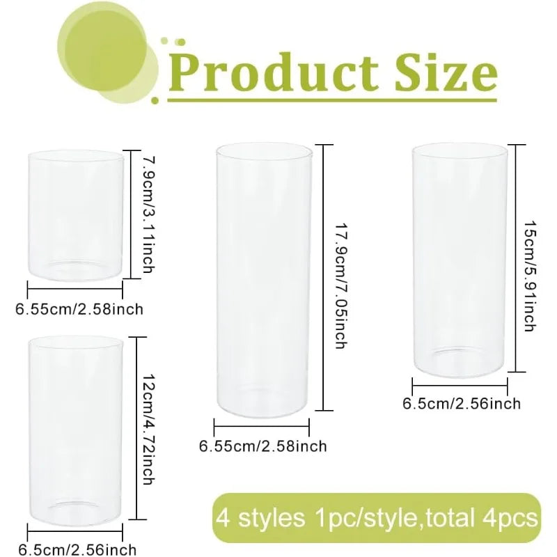 Set of 4 Clear Glass Cylinder Vases for Candles & Floral Displays